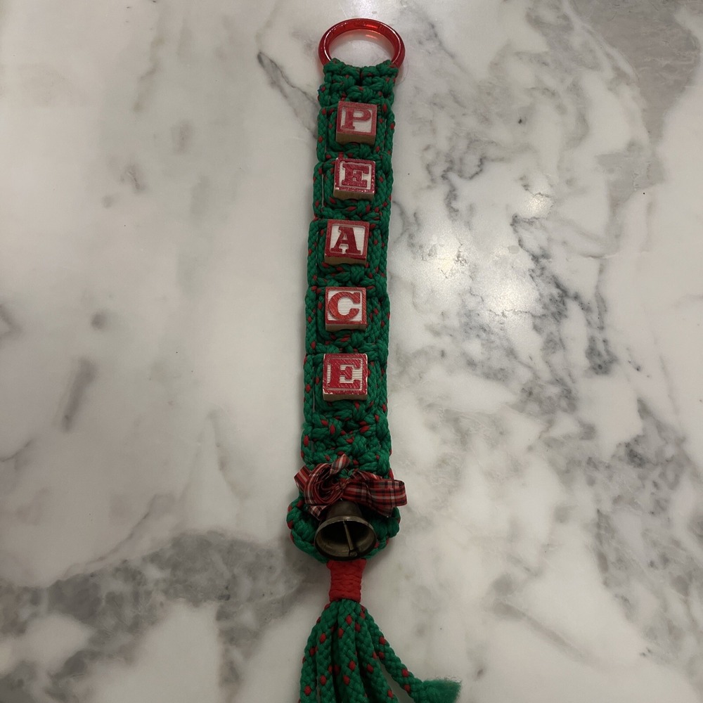 Macrame Wall Hanging Peace Christmas Decor Retro‎ Blocks Handmade 21" Bell